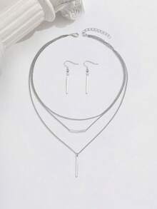 3 件波西米亚风格女士首饰套装，简约金色几何长吊坠项链 + 耳环，独特礼品套装，欧美风格 - Silvery - 查看 3