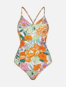 Women's Swimsuits Bathing Suits Cutout Tummy Control Adjustable Straps O Ring 2025 - White/Tangerine Floral - View 5