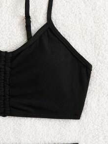 年轻女孩夏季纯黑色细肩带比基尼套装（含平角内裤） - 黑色 - 查看 4