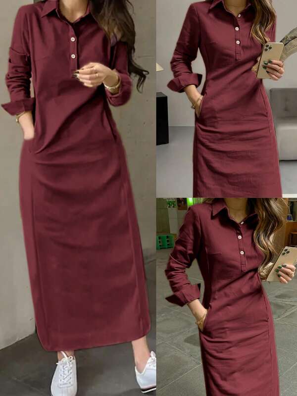 春秋新款时尚优雅翻领纽扣长袖女式阿拉伯连衣裙