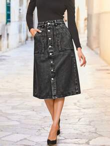 Jupe en jean pour femme, couleur unie, décontractée, mignonne, élégante, sexy, en tissu en jean, boutons et poches à l'avant. Pride 4 juillet pour femmes, tenues d'enseignante pour femmes, tenues de vacances - Gris - Voir 3