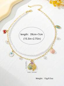 1pc Double Layer Pearl Beaded Bamboo Joint Layered Necklace With Starfish, Shell, Crab Pendants, Ocean Holiday Style For Women, Suitable For Beach Party