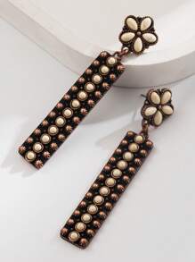 1 Pair Women's Vintage Inlaid Turquoise Long Dangle Earrings, Suitable For Banquet Wear