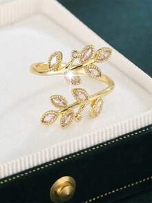 1pc High-End Copper & Cubic Zirconia Leaf Design Ring, Luxury Celebrity Style, Suitable For Women Business, College, Holiday, Party And Daily Wear (Factory Direct ) - Silver - View 6