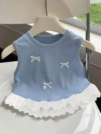Girls Bow Decor Ruffle Trim Cute Camisole Top, Suitable For Spring/Summer