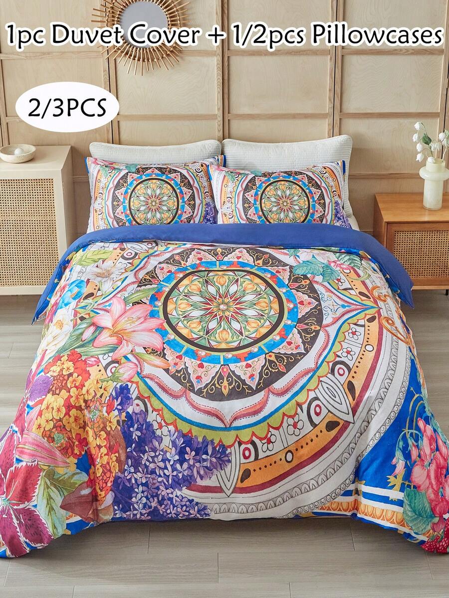 2/3pcs Colorful Flower Pattern Digital Print Duvet Cover Set, Boho Modern Bedding Set For All Seasons, Soft& Breathable, Machine Washable( 1 Duvet Cover+ 1/2 Pillowcases, No Filler)