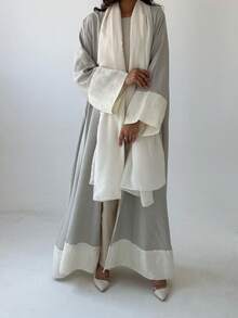 1pc Women's Colorblock Long Abaya Cardigan, Fashion Casual Contrast Color Splice Artistic Long Robe Jacket, High-End Soft Satin Fabric, Suitable For Everyday Wear - Multicolor - View 2