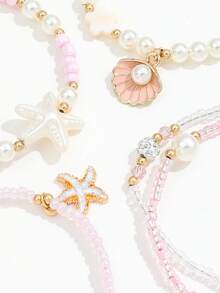 5 件套海洋元素夏季串珠珍珠水晶天然贝壳手链，海滩度假贝壳海星吊坠波西米亚弹力手链 - 淺粉色 - 查看 5