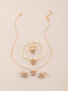 5pcs/Set Girls' Plastic Butterfly Necklace, Pearl Beaded Bracelet, Earrings, Ring Set, Decoration For Daily And Vacation