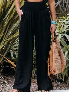 女士简约大码斜口袋阔腿裤，春秋休闲百褶裤，女装