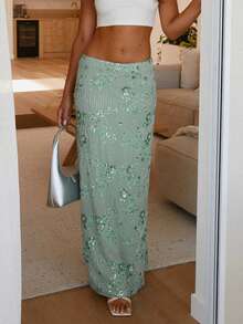 Women Summer Skirt Casual Elegant Sequin Floral Embroidery Long Skirt For Beach Vacation Club Streetwear - Màu xanh Bạc hà - Xem 2