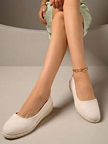 Women's Spring/Autumn New Elegant Comfortable Wedge Heel Slip-On Shoes, Thick Woven Straw Rope Sole - Beige - View 5