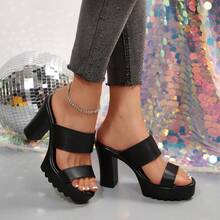 女士粗跟高跟凉鞋，性感时尚防水台厚底白色高跟鞋，女士黑色高跟凉鞋，模特走秀凉鞋，黑色高跟鞋，厚底凉鞋 - 黑色 - 查看 2