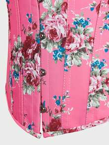 Floral Print Denim Corset Top Vintage Lace Up Boned Overbust Corset Bustier  Bodyshaper Lingerie Top - 粉色 - 查看 4
