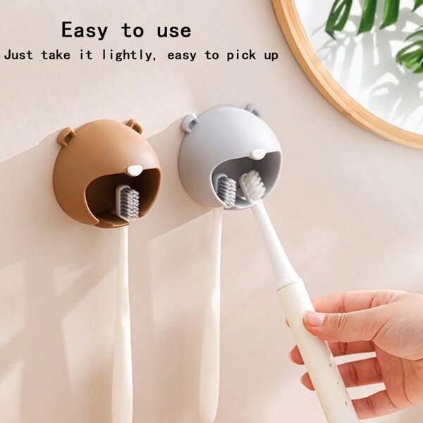 1pc/2pcs Bear Shaped Toothbrush Wall Mount Holder, Bathroom Electric Toothbrush Storage Rack With Dual Slots, Couple Toothbrush Organizer, 2 Colors Available Back To School