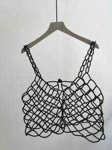 1 pezzo Top con spalline in stile francese impreziosito da perle, dolce e carino, top bianco con perle, prodotto di moda per donna