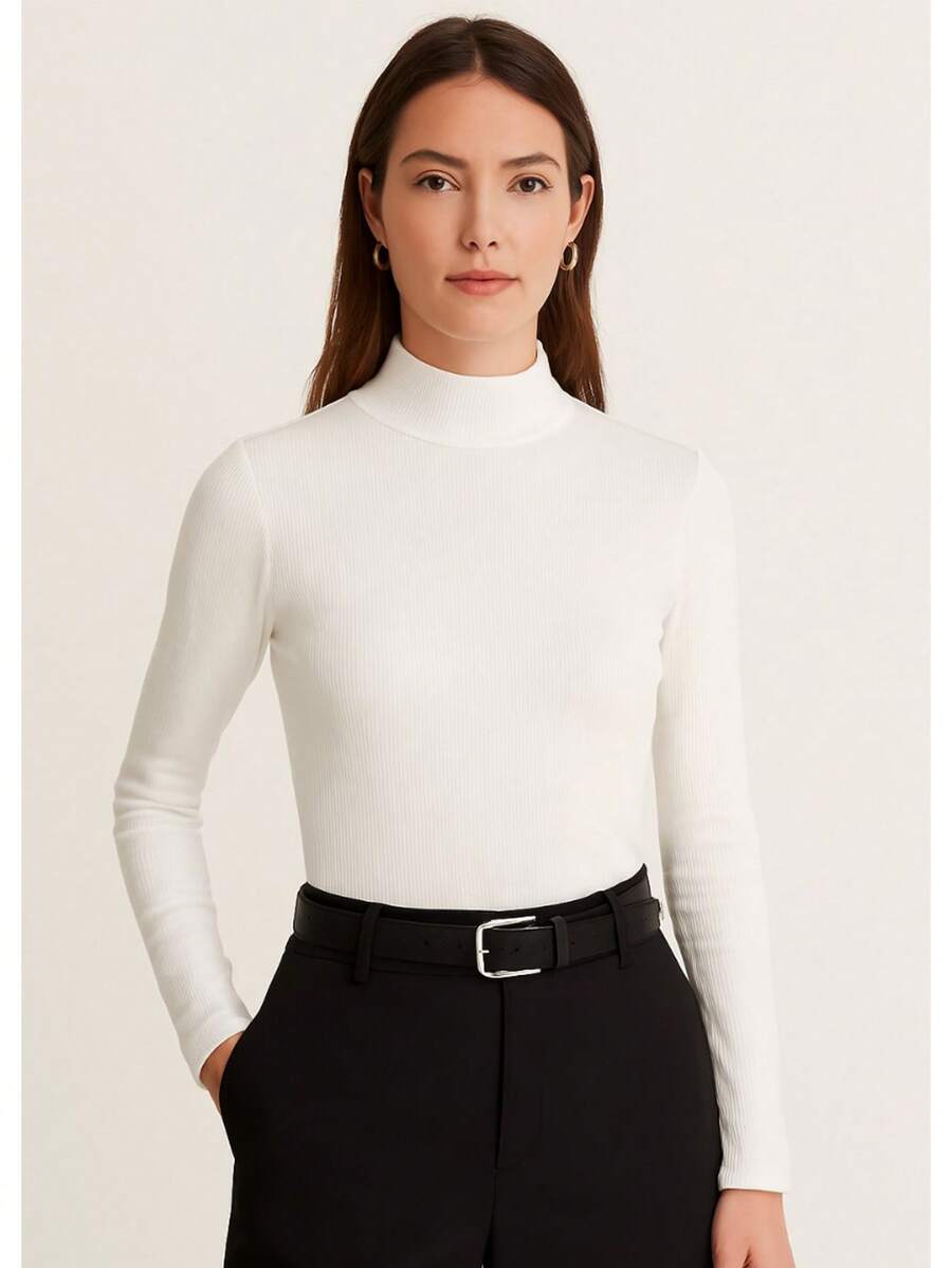 MODAS BUENO Women's Long Sleeve Blouse, High Neck, Ribbed, Basic, Comfortable And Modern, Fits 34 To 42, White