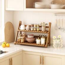 1pc Bamboo Kitchen Storage Rack, Foldable Desktop Organizer Shelf, Small Multi-Purpose Household Storage Rack