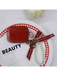 Keychain,Lanyard Wine Red Solid Color Bowknot Pendant, Shockproof Protective Case Compatible With Apple Bluetooth Earphones