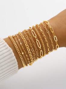 16pcs/12pcs/11pcs/9pcs Stylish Simple Classic Copper Braided & Snake Chain Layered Heart Charm Bracelet Set For Women, Birthday, Vacation, Party, Daily Outfit, Versatile. (Please Note There May Be Slight Color Difference Between Actual Product And Images Due To Lighting And Angle During Photography)