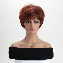 Parrucca corta e riccioluta di colore rosso-marrone misto, in fibra sintetica da 10 pollici, fluffy, adatta per uso quotidiano, vacanze, feste e costumi