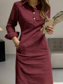 春秋新款时尚优雅翻领纽扣长袖女式阿拉伯连衣裙 - 中紫紅色 - 查看 4