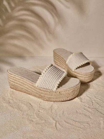 Tropiscape Women Pom Pom Trim Sandals, Vacation Summer Wedge Slide Sandals Beach Autumn Winter Gifts