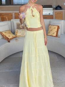 Y2k Maxi Skirt Set For Women Backless Lace Halter Top And Pleated Flowy Skirt Sets Beach Sheer Dress Summer 2 Piece Outfit Beach Set - 黃色 - 查看 4