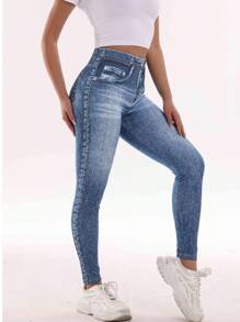 Leggings con efecto de mezclilla de cintura alta, pantalones ajustados y elásticos de uso casual, cómodos para primavera, verano, otoño y vacaciones