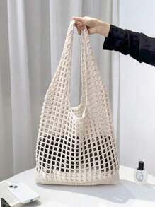 Fashion Hollow Out Knitted Women Tote Bag, Casual Simple Large Capacity Handbag, Portable Ladies Shopping Bag, Suitable For High School/College Students, Outdoor, Travel, Beach, Mother's Day Gift