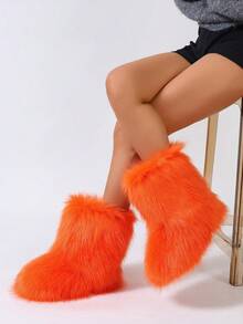 Women's Furry Faux Fur Boots Fuzzy Fluffy Mid Calf Snow Boots Suede Warm Fur Lined Booties Flat Fashion Boots Orange - 橘色 - 查看 2