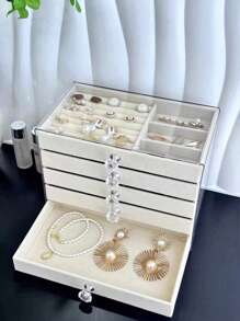 1pc 5-Layer Flocked Jewelry Storage Box, Multi-Functional Stackable Transparent Jewelry Box With Drawers, For Earrings, Rings, Necklaces, Bracelets, Pendants, Perfect For Birthday, Valentine's Day And Anniversary Gifts, Display Box For Women Storage Organizer Travel Essentials Back To School