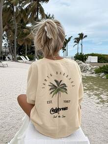 夏季休闲字母印花圆领短袖T恤，棕榈树度假风图案，趣味十足，专为年轻的冒险家们打造，准备好迎接户外乐趣吧！儿童服装女童图案T恤夏季上衣，青少年女孩服装 - 杏色 - 查看 2