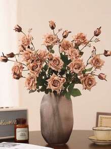 Retro Style Autumn Color Single Branch 3 Head Autumn Corner Rose Wedding Floral Arrangement Background Home Decoration Flower Arrangement Fake Flower Simulation Rose