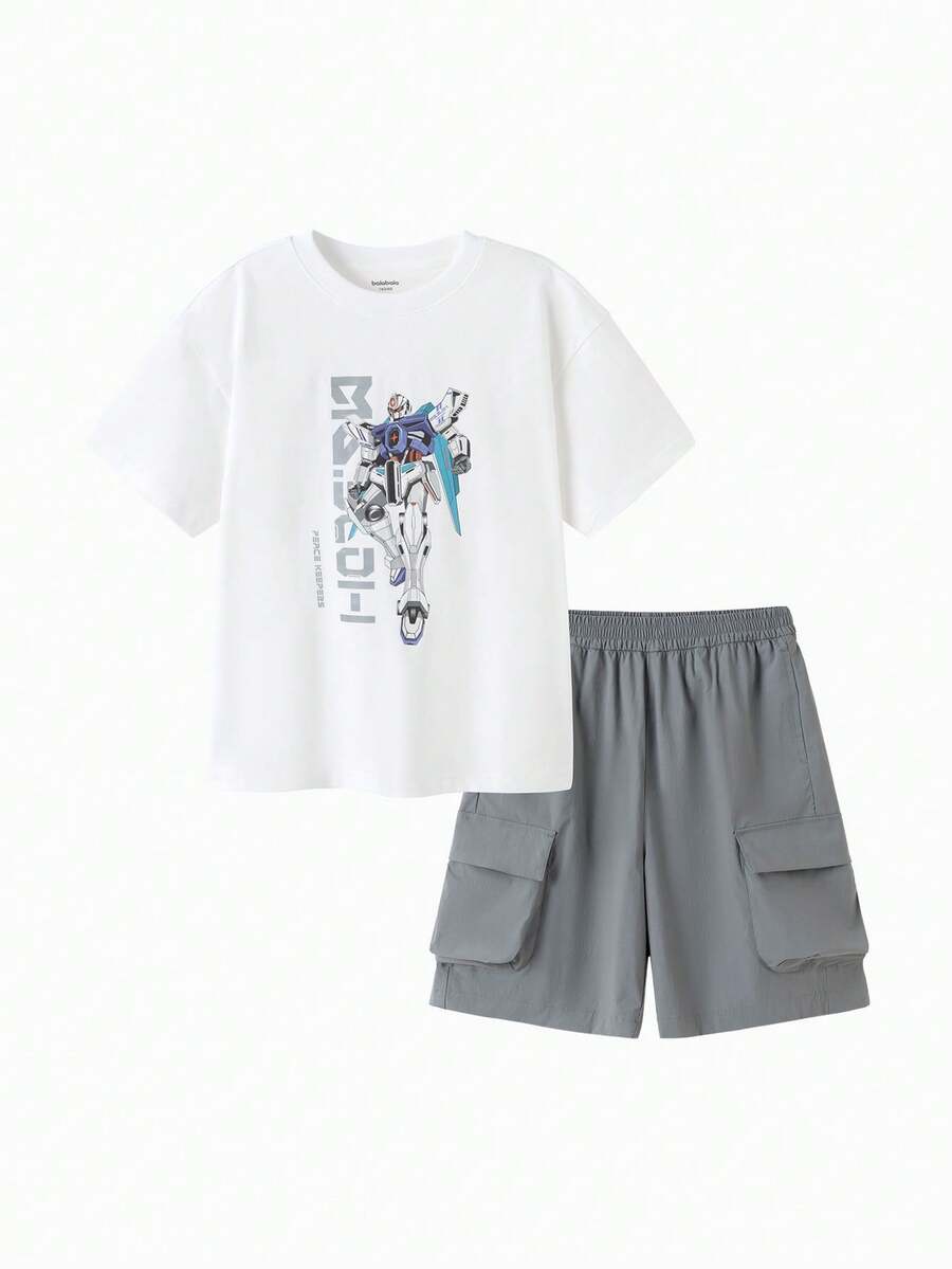 Balabala Bộ đồ trẻ em tay ngắn 2025 Bộ đồ hai mảnh mùa hè mới tạo cảm giác mát mẻ - tông màu trắng nhạt - Xem 1