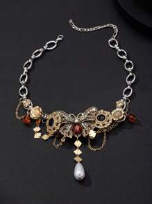 1pc Vintage Distressed Gold Bow Flower Cubic Zirconia Choker Necklace For Women, Party & Daily Wear Jewelry