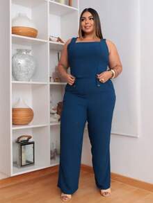 Plus Size Set Of Palazzo Pants And Cropped Top - Teal Blue - View 1