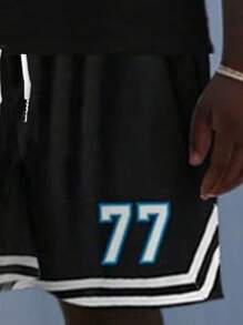 1 Set Plus Size Men's 77 Letter Print Vest Suit - Breathable Mesh Polyester, Round Neck Vest And Shorts, Suitable For Basketball Sports, Party Training, Street Fashion Outfit