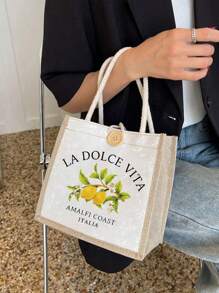 Vibrant Lemon Pattern Printed Tote Bag, Reusable Printed Women'S Tote Bag, Double Handle Shopping School Bag, Large Capacity Shoulder Bag, Casual Tote Bag, Christmas Storage Bag, Suitable For Commuting, School And Shopping, Convenient For Outdoor Use, Gifts For Mom, Friends And Besties, Teacher Gifts, Perfect Choice For Vacation And Festival, Best Mother'S Day Gift