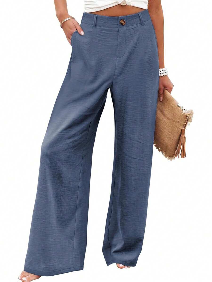 Women's Cotton Linen Trousers Casual Button Up High Waist Wide Leg Trousers - 霧霾藍 - 查看 1