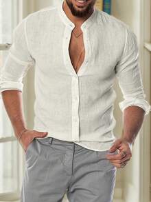 tooluck Mens Long Sleeve Shirt Linen Long-Sleeved Casual Shirt Collarless Standing Collar Summer Top Fashion Shirts - 白色1 - 查看 2