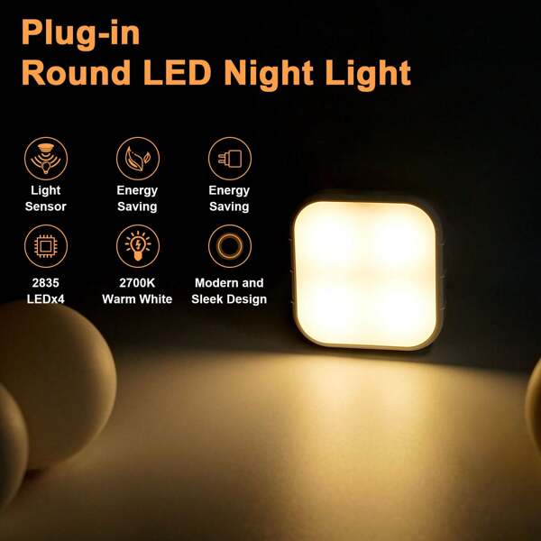 Luz nocturna LED con sensor fotoeléctrico de luz tenue, de ABS, luz de 1/2/4 piezas para dormitorio/pasillo/baño, se enciende automáticamente en la oscuridad, enchufe tipo A para EE.UU.