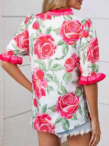 Acelitt Casual Ruffle V-Neck Short Sleeve Printed Pullover Top, Summer - Multicolor - View 2