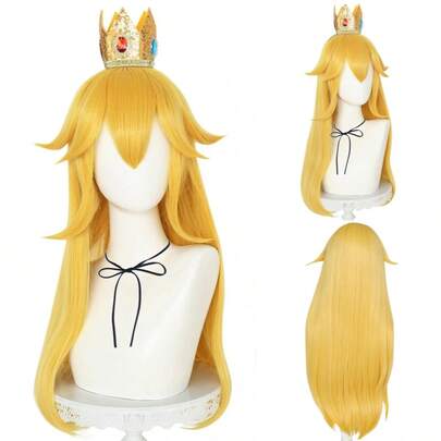 Peluca de princesa amarilla con corona para niñas, peluca de princesa de cabello liso y largo de color amarillo, para adultos o niños, accesorio de disfraz de princesa para regalos festivos, fiesta, disfraces escolares, carnaval, conciertos, vacaciones, fotografía, eventos temáticos, comic con, fibra sintética resistente al calor y sin pegamento