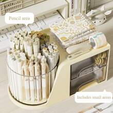 Organisateur de bureau rotatif avec 2 tiroirs, porte-crayon et porte-stylo pour bureau, organisateurs de bureau et accessoires avec 4 compartiments + tiroir pour fournitures de bureau et d'art (blanc)