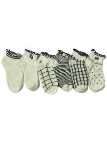 4 Pairs Black And White Women Ruffle Trim Ankle Socks With Patterns: Cherry, Bow, Stripe, Plaid, Heart, Elegant Socks Suitable For Spring And Summer