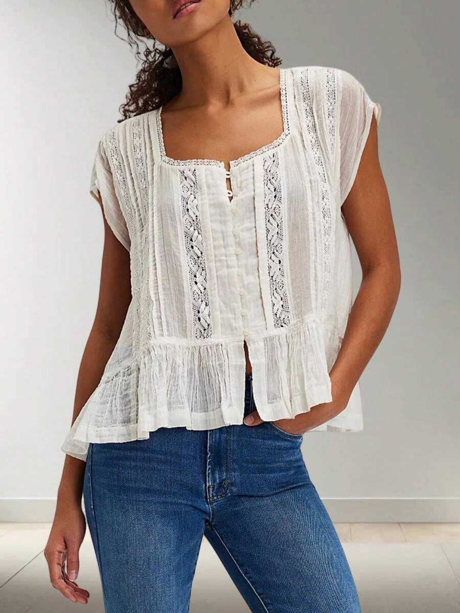 Women Summer Boho Button Front Lace Trim Shirts Tops Y2k Short Sleeve Square Neck Flowy Frilly Chiffon Cardigan Ruffle Eyelet Tank Tops Beach Vacation Going Out Tops Blouses Casual Aesthetic Clothes - trắng - Xem 1