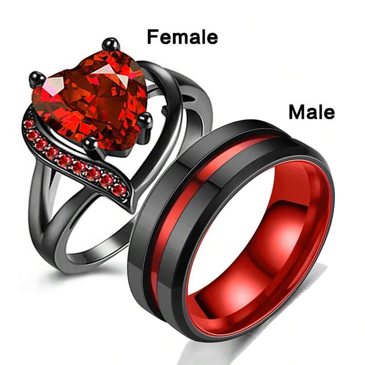 Juego de anillos de pareja de acero inoxidable de lujo - Diseño romántico en forma de corazón con rhinestones sintéticos, acabado en bronce, anillos de acero inoxidable, accesorios de joyería de moda para amantes, adecuado para propuesta, compromiso y boda, regalo perfecto para novios y novias en el Día de San Valentín - Multicolor - Añade 1