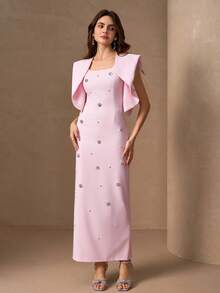 Đầm dạ hội dài vừa vặn cổ vuông màu trơn thanh lịch đính hạt cho nữ có bo tay bất đối xứng, Đầm dự tiệc, Váy dạ hội, Cho buổi tối, Khách dự tiệc cưới - Màu Hồng baby - Xem 4