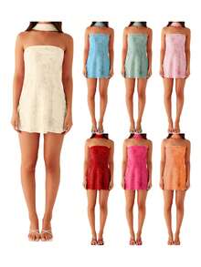 Women Sequin Beaded Sheer Tube Dress Sparkly Embroidery Strapless Rhinestone Embellished Backless Bodycon Mini Dress With Choker Scarf